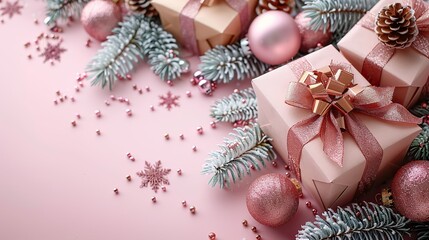 christmas composition elegant christmas decorations baubles gift boxes on pastel pink background fla