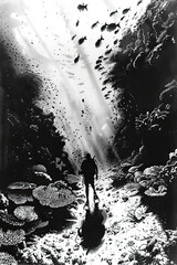 Poster - A black and white sketch of a diver exploring a coral reef