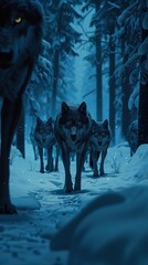 Wall Mural - a group of wolfs walking through a snowy forest