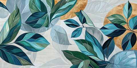 Sticker - Abstract painting of blue and green leaves with gold accents on a textured background.