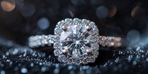 Poster - Exquisite diamond ring on a black velvet cushion, captured with macro photography to highlight the intricate details and sparkle of the jewelry