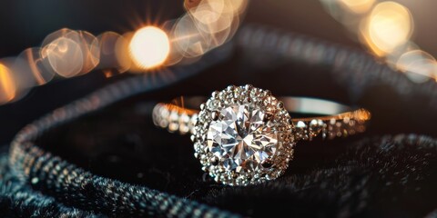 Aufkleber - Exquisite diamond ring on a black velvet cushion, captured with macro photography to highlight the intricate details and sparkle of the jewelry
