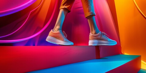 Poster - Fashionable sneakers on a vibrant, colorful backdrop, with dynamic angles and lighting emphasizing the style and comfort of the footwear