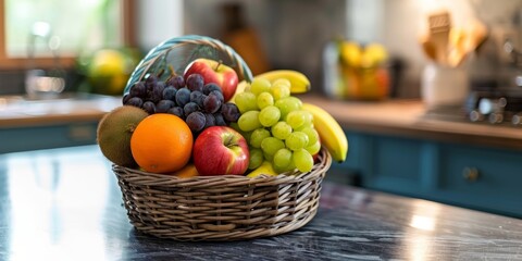Poster - Fresh fruit basket with vibrant colors, captured in a kitchen setting, emphasizing the freshness and health benefits of organic produce