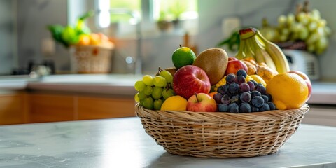 Aufkleber - Fresh fruit basket with vibrant colors, captured in a kitchen setting, emphasizing the freshness and health benefits of organic produce