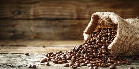 Poster - Gourmet coffee beans spilling from a bag, set against rustic wooden table, emphasizing the rich texture and aroma in premium product photography