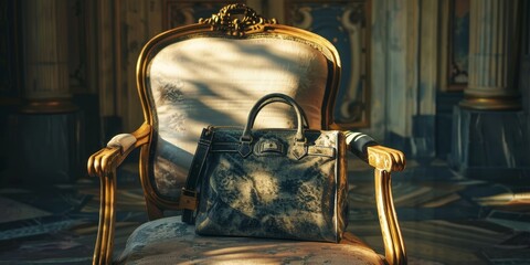 Poster - Luxury handbag on a designer chair, with soft shadows and highlights enhancing the texture and craftsmanship of the accessory