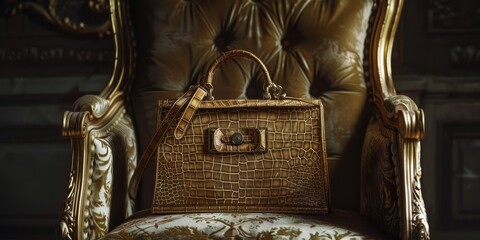 Poster - Luxury handbag on a designer chair, with soft shadows and highlights enhancing the texture and craftsmanship of the accessory