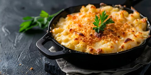 Wall Mural - Mac and Cheese in Cast Iron Skillet Closeup Photo on Black Background. Concept Food Photography, Mac and Cheese, Cast Iron Skillet, Closeup Shot, Black Background