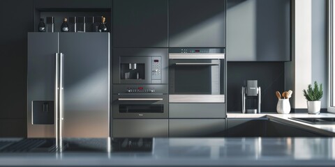 Aufkleber - Modern kitchen appliance in a sleek, stainless steel finish, set against a bright, minimalist kitchen background, showcasing practicality and design