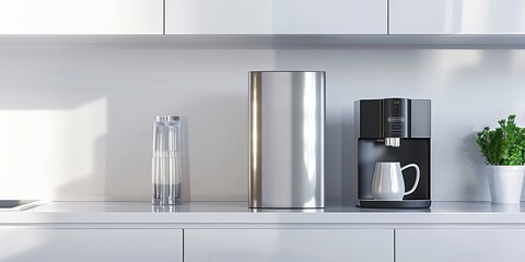 Modern kitchen appliance in a sleek, stainless steel finish, set against a bright, minimalist kitchen background, showcasing practicality and design