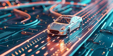 Aufkleber - Sleek electric car model on a futuristic road backdrop, showcasing the innovative design and eco-friendly features of modern vehicles