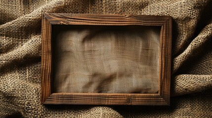 Brown wooden frame on burlap background with copy space