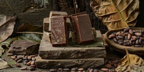 Aufkleber - Artisanal chocolate bars arranged with cocoa beans and leaves, captured to evoke the rich, decadent experience of gourmet products