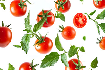 Sticker - flying cut out red ripe juicy tomatoes and green leaves isolated on white background with clipping path healthy vegan organic food vegetable cherry tomatoes creative food concept tomatoes patter