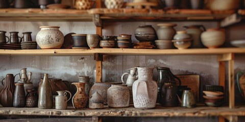 Aufkleber - Artisanal pottery pieces arranged on a rustic shelf, highlighting the unique craftsmanship and artistic value of handmade products