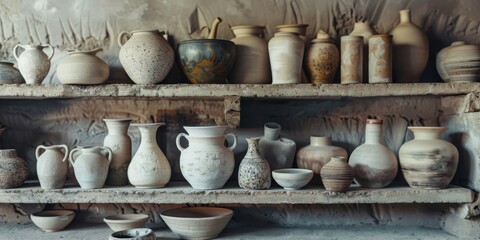 Aufkleber - Artisanal pottery pieces arranged on a rustic shelf, highlighting the unique craftsmanship and artistic value of handmade products