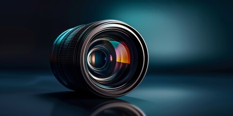 Aufkleber - Cutting-edge camera lens positioned on a glossy surface, with reflections emphasizing the precision and craftsmanship of professional photography gear