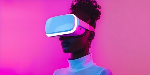 Wall Mural - Exploration of the Futuristic Metaverse A Dark-skinned Woman in VR Glasses with Internet Connection. Concept Futuristic Technology, Metaverse, Dark-skinned Woman, VR Glasses, Internet Connection