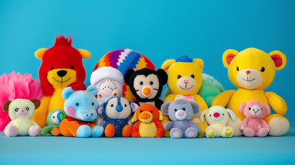 cute colorful 90s stuffed animals together on a bright, playful background