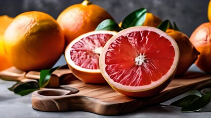 Poster -  Freshly cut grapefruit slices on a wooden board