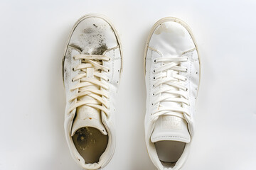 Top view pair of white used old dirty basic sneakers isolated on white background