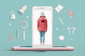 Woman in red jacket inside smartphone with symbolic illustrations on teal background