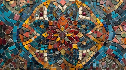 Poster - Mosaic tiles are arranged in an intricate, vibrant design, showcasing captivating colors and detailed patterns.