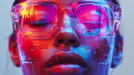 Futuristic Artificial Intelligence Concept with Woman's Face, Digital Neural Network, Data Visualization, AI Technology, Close-Up of Cybernetic Human Model. Digital Native, Female, Teenager, Girl