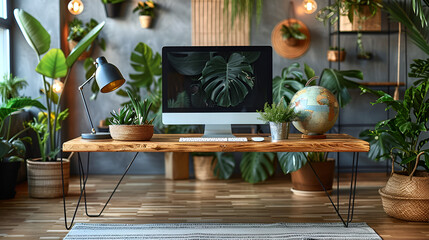 In a cozy room, a laptop takes center stage, interior of the house, blur effect in the backgraund
