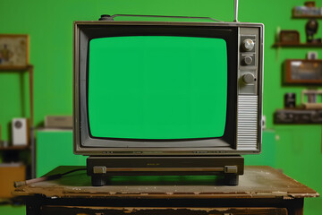 Wall Mural - the old tv on the isolated old green screen tv for adding new images to the screen