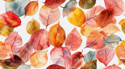 Sticker - Colorful watercolor autumn leaves seamless pattern on white background