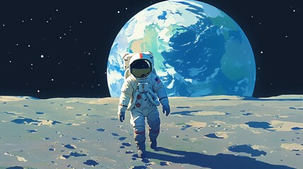 Canvas Print - Astronaut Walking on the Moon with Earth in the Background.