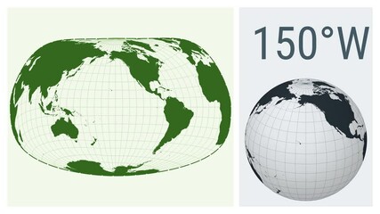 Poster - World Map Animation. Jacques Bertin 1953 projection. Solid color style. Animated world map in Bertin 1953 projection. Loopable animation showing longitude shift and matching globe.