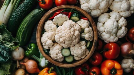 Wall Mural - A beautiful assortment of fresh cauliflower and mixed vegetables in a bowl surrounded by a variety of other colorful veggies, ready for a delicious meal.