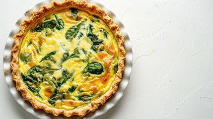 Wall Mural - Spinach and cheese quiche on white background with copy space