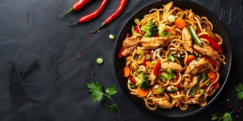 Wall Mural - Enjoy a homemade Chicken Lo Mein with stir-fried noodles and veggies. Concept Chinese Cuisine, Chicken Lo Mein, Stir-fried Noodles, Veggies, Homemade Recipe