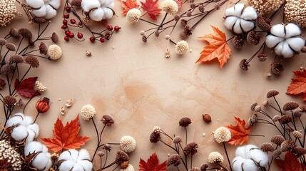 flat lay composition,pum kins maple leaves cotton on beige background happy thanksgiving concept