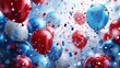 © atipong - Vibrant celebration scene with red and blue balloons and confetti in the air perfect for festive events and party themes.