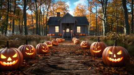 A haunted house with glowing pumpkins lining the path to the door