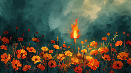 Wall Mural - abstract representation of an eternal flame surrounded by marigolds, using a minimalist approach to highlight the light's significance for remembrance 