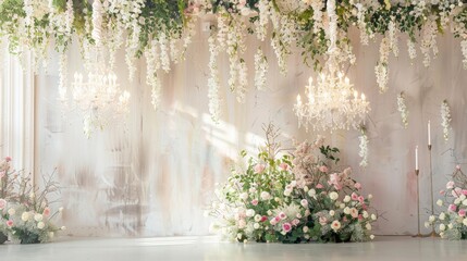 Wall Mural - Classic luxury wedding ceremony with green leaves for backdrop interior wall background and copy space