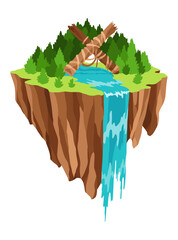 Wall Mural - Game flying island with waterfall. Flying platform of exotic nature game island. Colorful flat vector elements for fantasy computer or mobile game