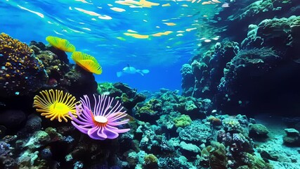 Wall Mural - Brightly colored anemones and sea stars cling to the rocky walls of the tidal pool creating a vibrant and bustling underwater metropolis.