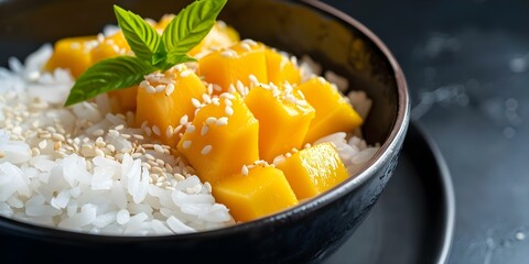 Wall Mural - Macro shot of mango sticky rice garnished with coconut milk and sesame seeds. Concept Food Photography, Thai Cuisine, Dessert Presentation