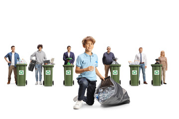 Poster - Boy and adults collecting plastic bottles and other recycling materials