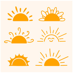 Yellow semicircle doodle half sun Hand drawn icons set in doodle style With illustration style doodle and line art