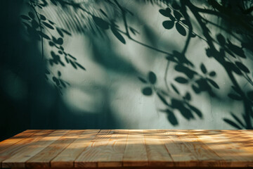 Poster - Empty light wood table with shadow of tree on dark green wall background, for product display montage, background for advertising or presentation your products in the foreground