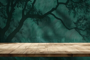 Poster - Empty light wood table with shadow of tree on dark green wall background, for product display montage