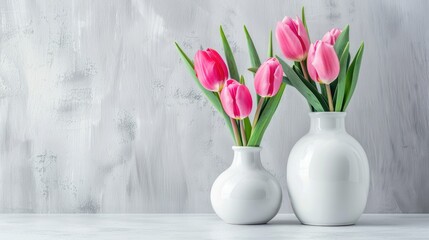 Poster - Tulips in pink white vases on a light gray background For woman s day and mother s day greeting card